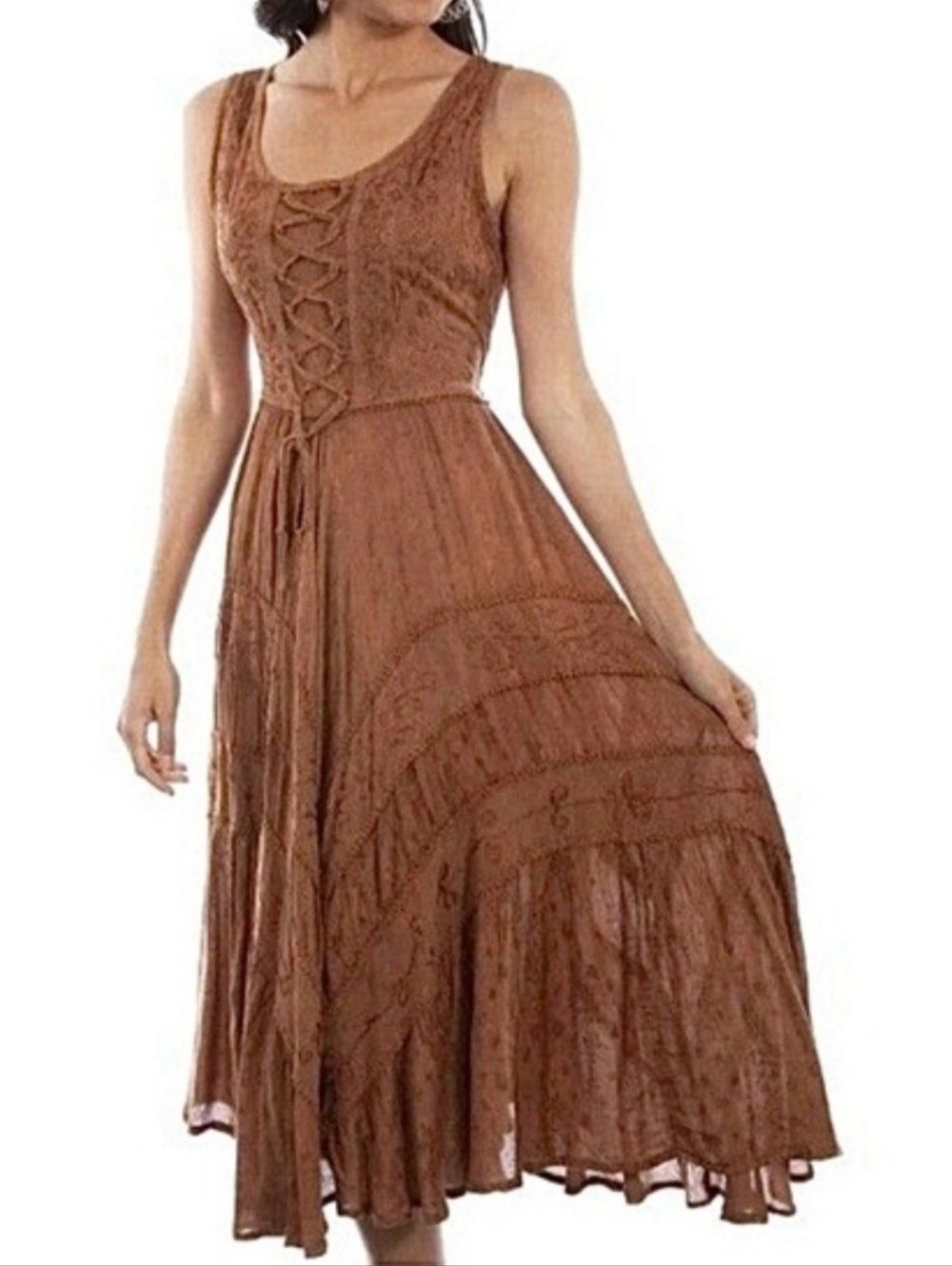 SCULLY Western Boho Sleeveless Midi Dress With Lace-Up Bodice LARGE